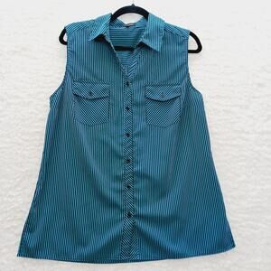 Blouse Button-Up Size L Black Teal Stripe Y2K Layering Minimalist Chic Office